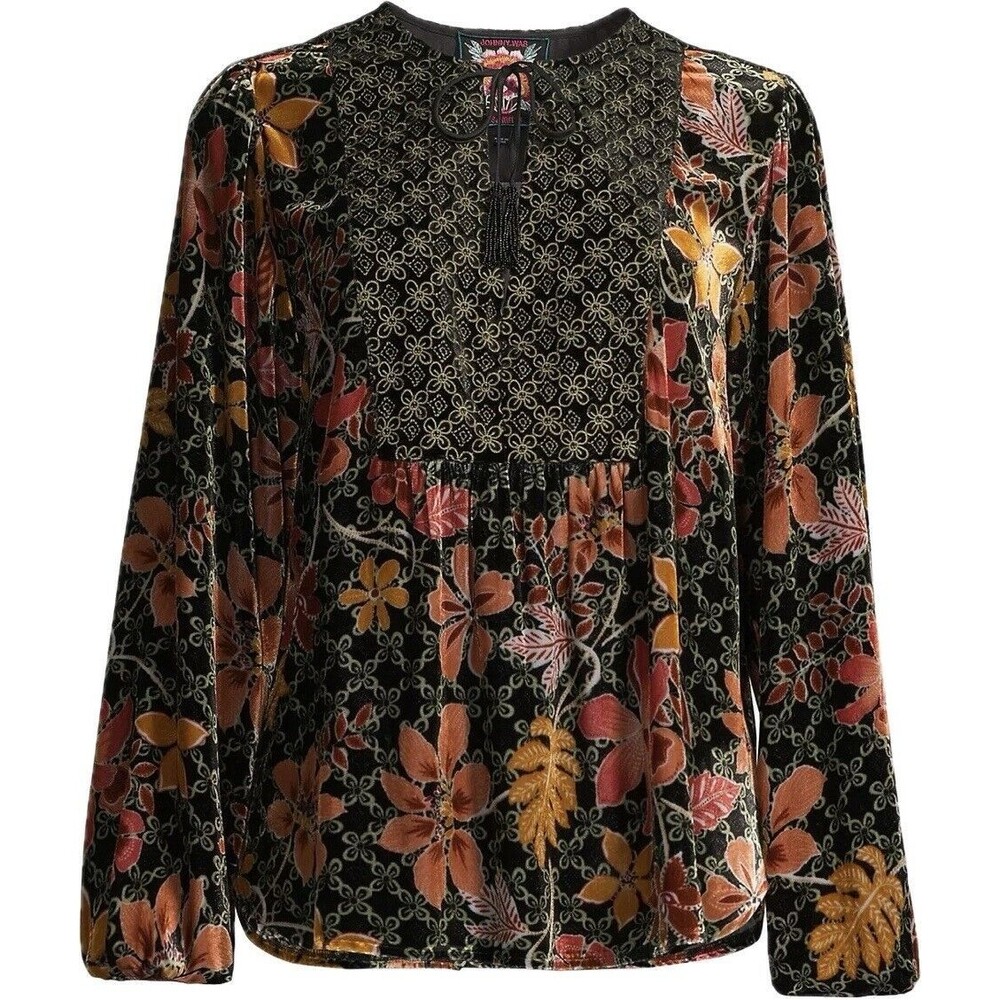 F. Johnny Was Velvet Top 1X Multicolor Blouse Long Sleeve V Neck NWT $318